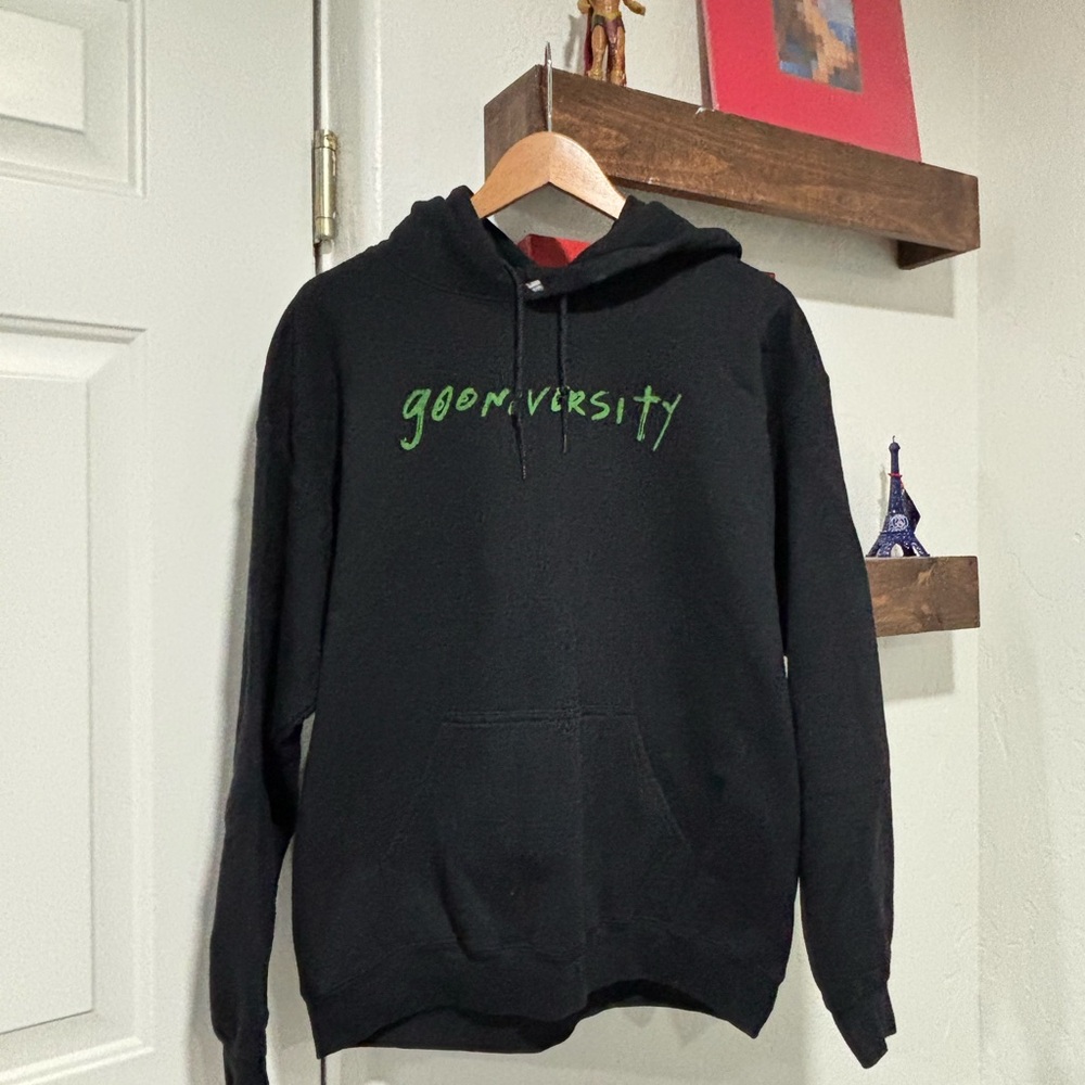 Black Hoodie with Green “Gooniversity” Text